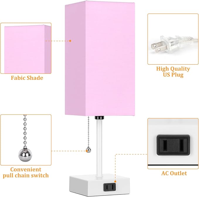 Table Lamp for Bedroom set of 2,3-Color Bedside Lamps with Pull Chain Table Lamps for Nightstand with AC Outlets,Small Night Light Lamps with 2 Bulbs Lamps for Living Room Kids Room Office Decor（Pink）