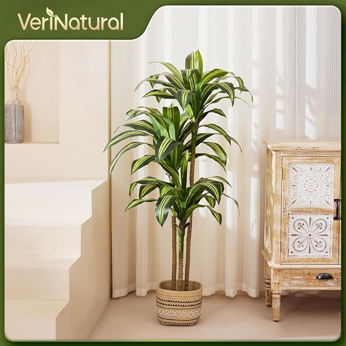 Artificial Dracaena Tree 5FT - Tall Faux Floor Plant with UV-Resistant,Artificial Plants with Lifelike Leaves,Potted Fake Trees for Home, Living Room,Indoor & Outdoor Decor,VN123(Yellow)