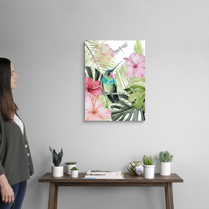 CANVAS ON DEMAND Hibiscus & Hummingbird II Canvas Wall Art Print by Jennifer Paxton Parker, Contemporary, Home Decor, Bird, Wildlife Artwork, 18" x24in