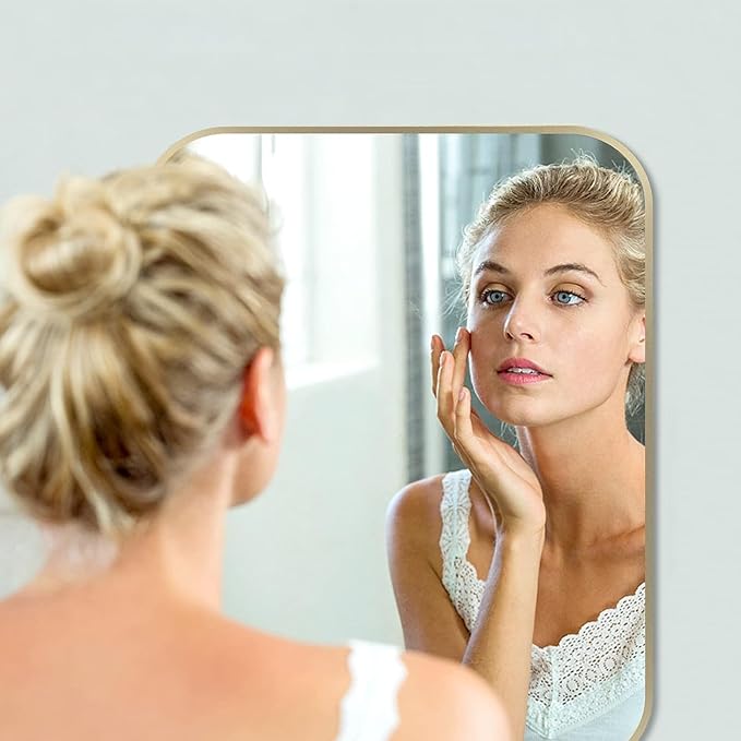 16x24 Inch Gold Bathroom Mirror, Brushed Brass Gold Metal Framed Rectangular Mirror with Rounded Corner, Wall Mounted Vanity Mirror for Bedroom or Living Room, Horizontal/Vertical