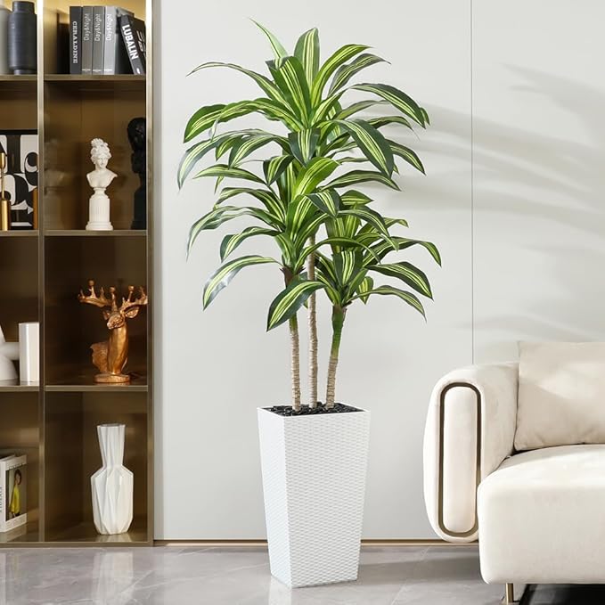 Artificial Dracaena Tree, 6FT UV Resistant Fake Plants with White Taper Planter, Lifelike Tall Artificial Floor Plants for Indoor & Outdoor, Faux Tree for Home Courtyard Decor