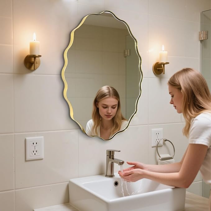 Scalloped Mirror, 35.5"x26" Bathroom Vanity Mirror, Irregular Shaped Mirrors Decorative, Modern Wavy Round Mirrors for Living Room Bedroom Hallway Entryway Fireplace