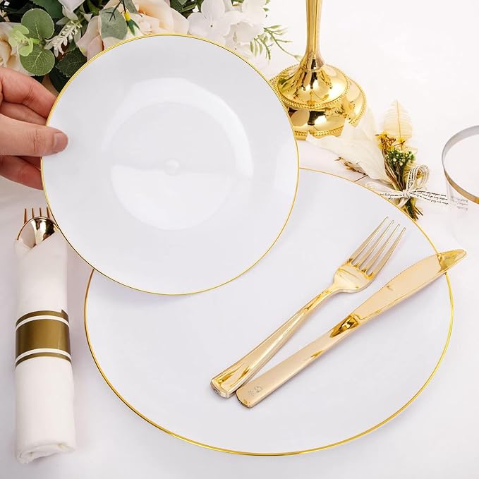 Rubtlamp 140Pcs Gold Plastic Plates, White Plates with Gold Rim, Disposable Dinnerware Include 20Dinner Platos, 20 Dessert Platos, 20Pre Rolled Napkins with Cutlery and 20 Cups for Party