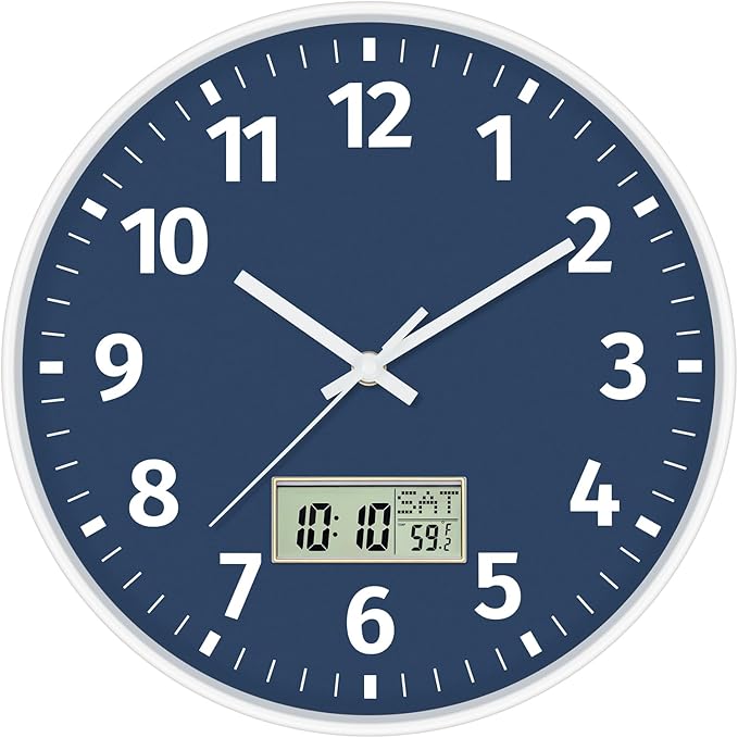 Foxtop Digital Wall Clock with Time, Day of Week and Temperature, Silent Non-Ticking Battery Operated Round Digital and Analog Wall Clock for Classroom Office Bedroom Home School (12 Inch, Blue)