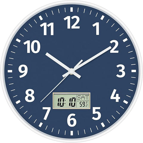 Foxtop Digital Wall Clock with Time, Day of Week and Temperature, Silent Non-Ticking Battery Operated Round Digital and Analog Wall Clock for Classroom Office Bedroom Home School (12 Inch, Blue)