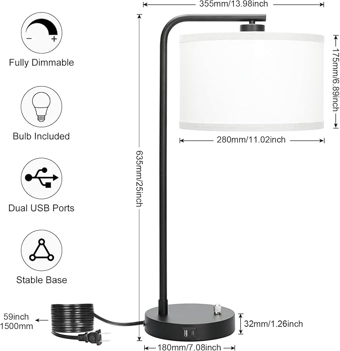 Table Lamp for Bedroom with USB C+A Ports, Fully Stepless Dimmable Farmhouse Bedside Lamp Nightstand Light, Tall Reading Desk Lamp for Living Room, Office, 9W LED Bulb Included