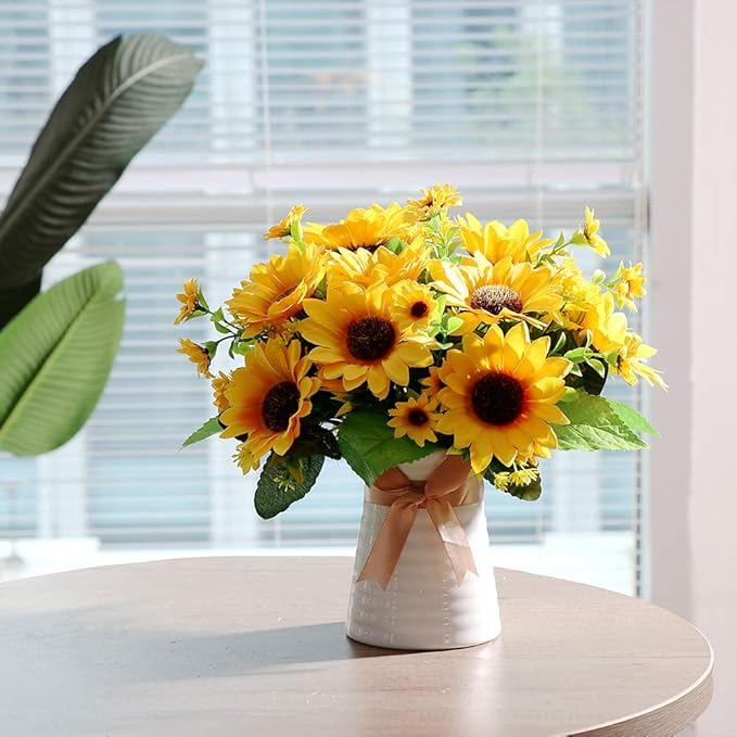 Artificial Flowers with Ceramics Vase for Fall Decoration, 5 Pcs Sunflowers Fake Silk Flower Arrangements ,Faux Floral Centerpieces for Tables Dinning Room Office Tabletop Home Decor(Ripple Vase)