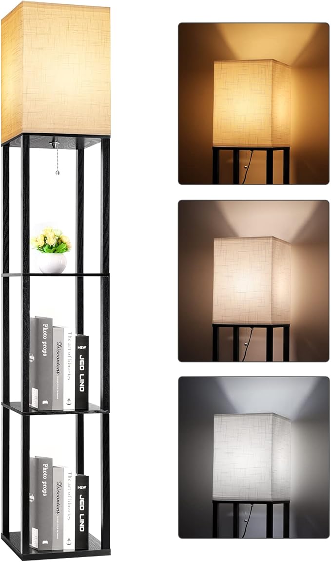 RUNTOP 3-Shelf Floor Lamp with LED Bulbs - Modern Standing Display Shelf Lamp for Living Room, Bedroom and Office (Black)