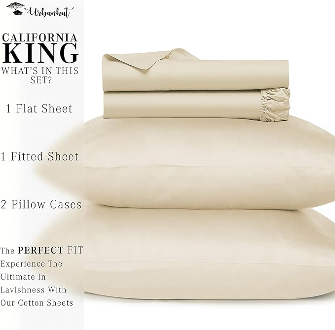 URBANHUT 700 Thread Count California King Sheet Set Egyptian Cotton Sheets, 4Pc Sheet Set Soft Luxury Bed Sheets for Cal King Size Bed, Sateen Weave Hotel Sheets, 16'' Elasticized Deep Pocket - Ivory