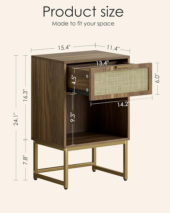 Masupu Rattan Nightstand,Modern Night Stand Boho Farmhouse Wood Bedside Table with Storage Drawer Side End Table for Bedroom,Living Room,Office,Walnut Brown