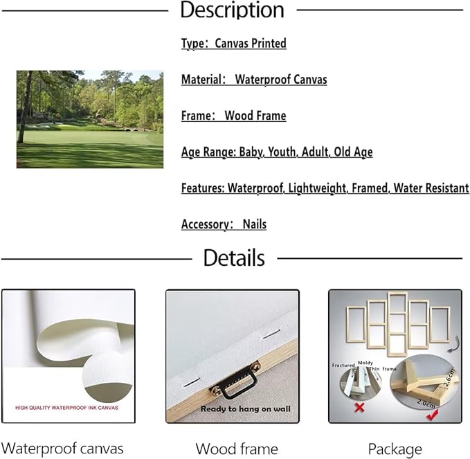 Augusta National Golf Course Wall Art for Living Room Bedroom Bathroom Home Decorations - Augusta Golf Course Picture Poster Framed Artwork Canvas Prints Ready to Hang(18''H x 24''W)