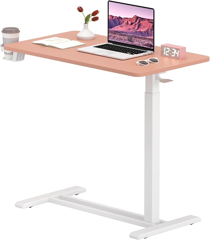 Medical Overbed Adjustable Bedside Table with Hidden Casters, Pneumatic Mobile Rolling Laptop Standing Desk with Tray for Home and Hospital Use, Pink