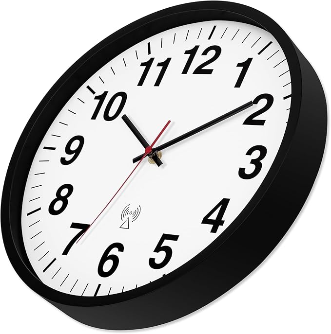 Foxtop Atomic Analog Wall Clock 12 Inch Battery Operated Round Modern Wall Clock Sets Automatically for Office Classroom Bedroom Kitchen Living Room (Black)