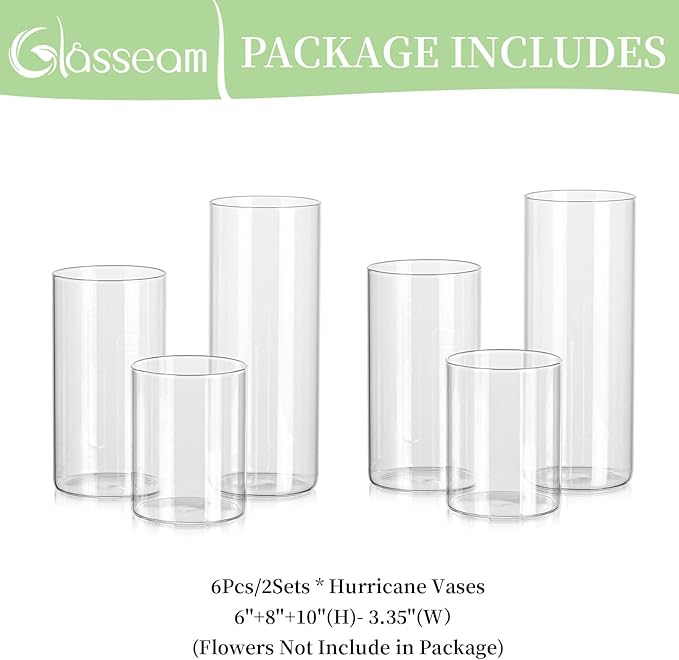 Glasseam Cylinder Vases for Centerpieces, Clear Glass Cylinder Vase Set of 6, Modern Floating Candle Vases for Flowers, Hurricane Vase Decor Candle Holders for Pillar Candles Wedding Decorations