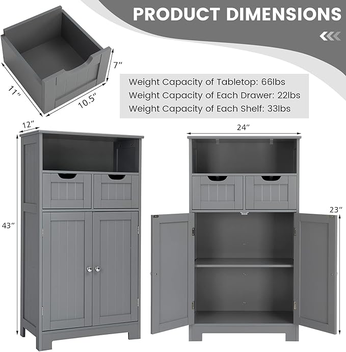COSTWAY Bathroom Storage Cabinet, Freestanding Storage Organizer with 2 Drawers & Adjustable Shelf, Wooden Floor Cabinet for Living Room, Bedroom, Kitchen, Entryway (Gray)