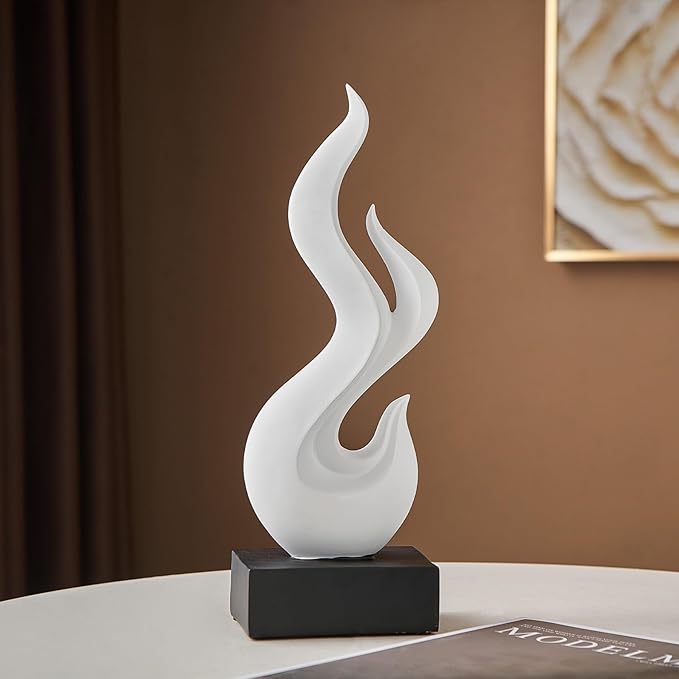 FJS White Decor Abstract Flame Statue, Modern Home Decorations for Living Room Dining Room, Resin Sculptures for Shelf Bookshelf Coffee Table Centerpiece