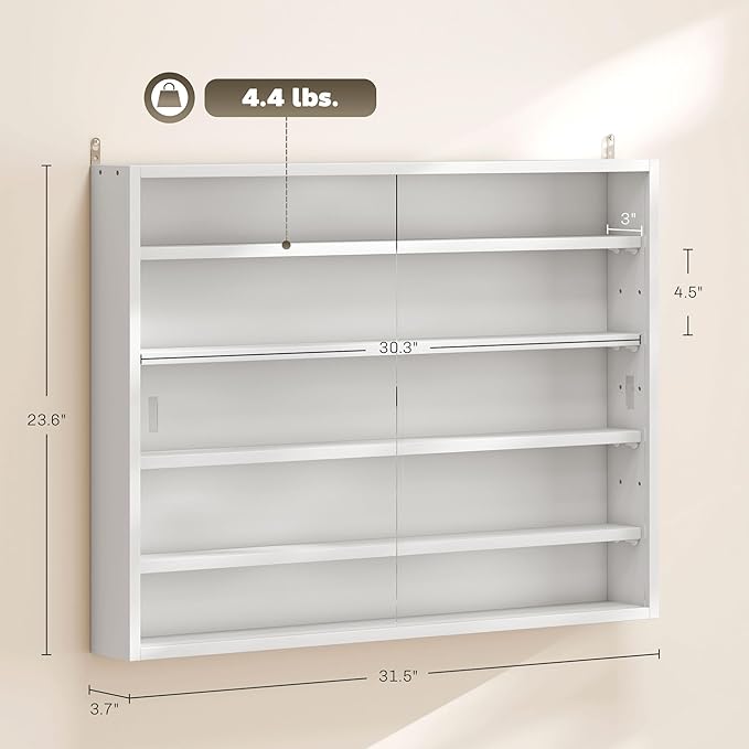HOMCOM 5-Tier Display Cabinet, Glass Door Cabinet with Adjustable Shelves, Wall-Mounted Display Case for Playroom, Bedroom, White