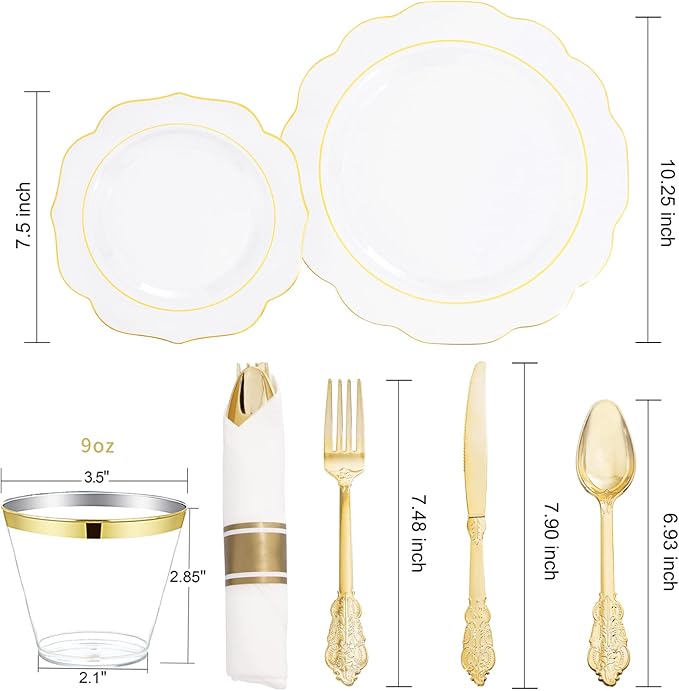 NOCCUR 50Guest Gold Rim Clear Plastic Plates&Disposable Silverware Cups-Include 100Plastic Plates, 150Gold Utensils, 50Cups and 50Napkins-Idea for Wedding&Party