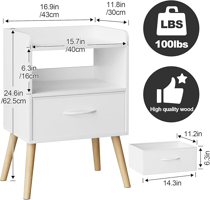 Narrow Nightstand with Open Shelf,Small Night Stand Bedroom Bedside Tables with Fabric Drawer Storage,Side Table End Table with Solid Wood Feet,Mid Century Night Stands for Home Sofa Couch(White)