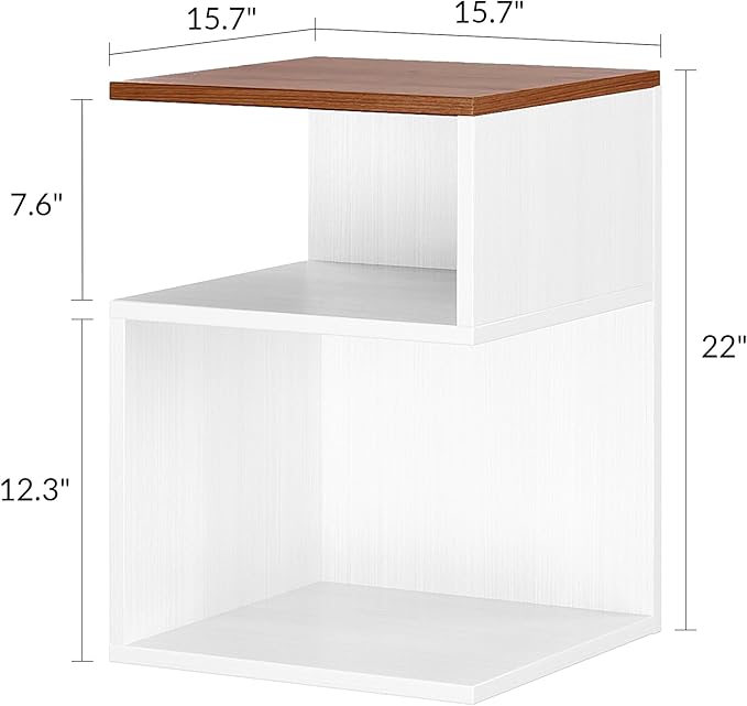 Tokyo S Flip Minimalist 3 Tier End Table - Minimalist 3-Tier Wood Nightstand for Small Spaces with Open Storage - Japanese-Inspired Bedside Table for Bedroom (Reverse, Walnut&White)
