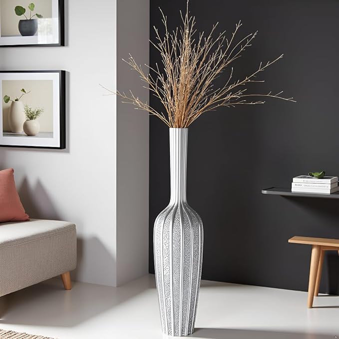 Elegant Silver Floor Vase - 23.62 Inch Tall Decorative Vase for Dried Flowers & Home Décor, Resin Tall Floor Vase
