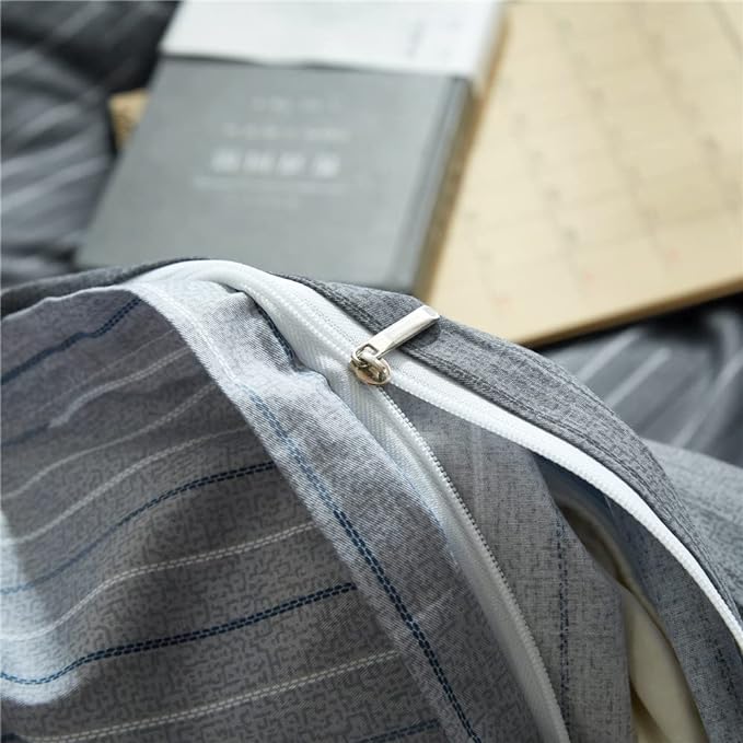 VM VOUGEMARKET 100% Natural Cotton Striped Duvet Cover Set,Gray Stripes Pattern Printed Comforter Cover for Boys Men,Reversible Modern Simple Style Bedding Set