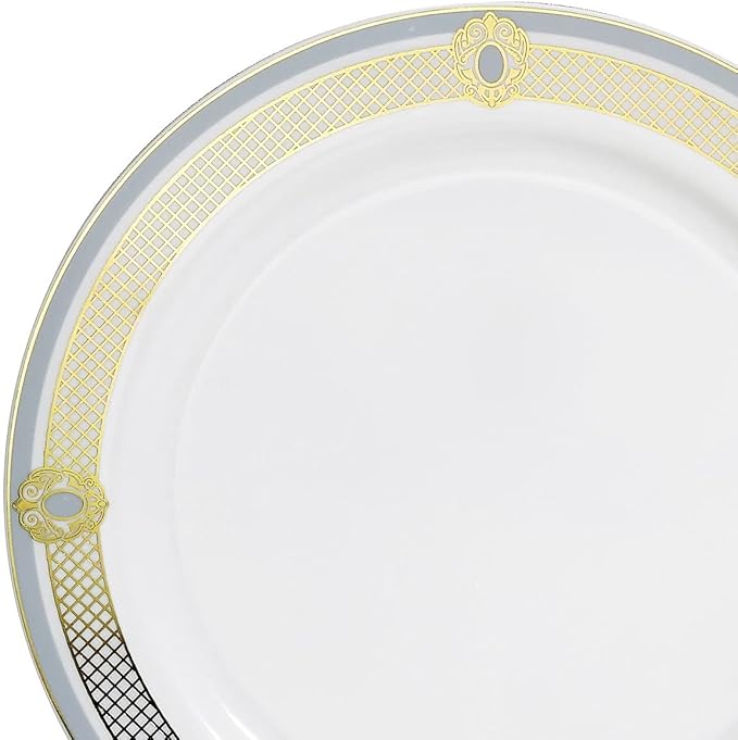 " OCCASIONS " 50 Plates Pack (25 Guests)-Wedding Party Disposable Plastic Plate Set -25 x 10.25'' Dinner + 25 x 7.5'' Salad & Dessert plates (Royal in White/Blue & Gold)
