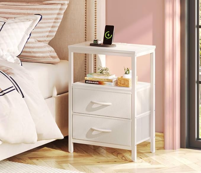 Huuger Nightstand with Charging Station, Side Table with Fabric Drawers, End Table with Open Shelf, Bedside Table with USB Ports and Outlets, Night Stand for Bedroom, White