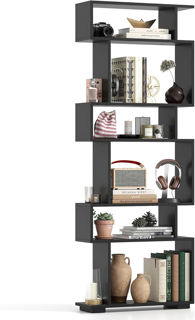 Tangkula 6-Tier S-Shaped Bookshelf, 64" Freestanding Geometric Bookcase, Home Office Wood Storage Shelf with Anti-Toppling Device, Room Divider Display Rack for Study, Living Room (1, Black)