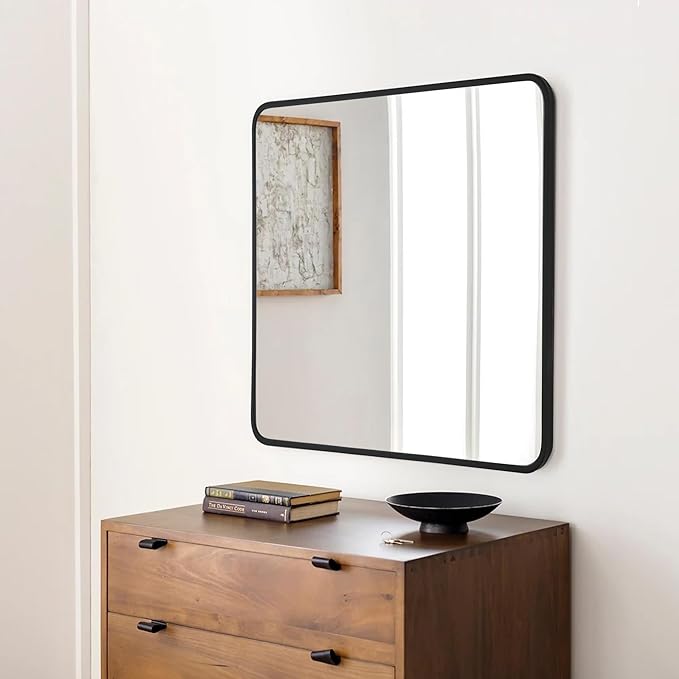 36x36 Inch Rectangle Bathroom Mirror with Black Metal Frame, Rounded Corner Rectangular Vanity Mirror for Wall, Modern Large for Bedroom, Living Room, Horizontal or Vertical