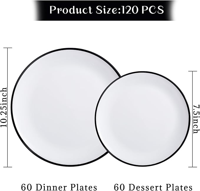 LIYH 120 Pcs White Plastic Plates with Black Rim - Disposable Plates Dishes for Party Wedding Includes 60 Dinner Plate 10.25" 60 Dessert Plate 7.5" for Party Birthdays 60 Guests