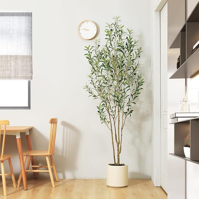 LOMANTO Artificial Olive Trees, 7 ft Tall Fake Olive Trees for Indoor, Faux Olive Silk Tree, Large Olive Plants with White Planter for Home Decor and Housewarming Gift, 1 Pack