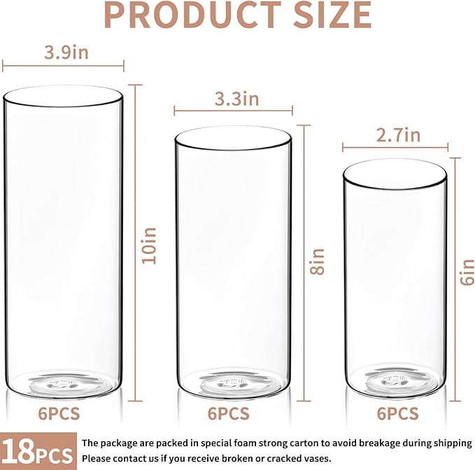 18 Pack Glass Cylinder Vases Set, 6,8,10 Inch Clear Cylinder Vases Candle Holder for Centerpirces Decoration, Tall Clear Flower Hurricane Candle Holder for Wedding Party Home Decor