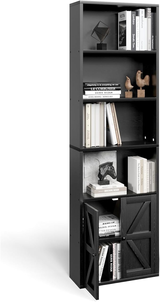 Bookshelf, Industrial Bookshelves and Bookcases with Doors Floor Standing 6 Shelf Display Storage Shelves 71 inches Tall Bookcase for Home Office, Living Room (Black)