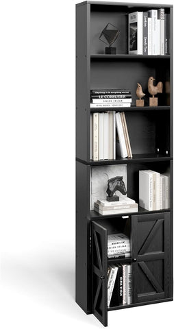 Bookshelf, Industrial Bookshelves and Bookcases with Doors Floor Standing 6 Shelf Display Storage Shelves 71 inches Tall Bookcase for Home Office, Living Room (Black)