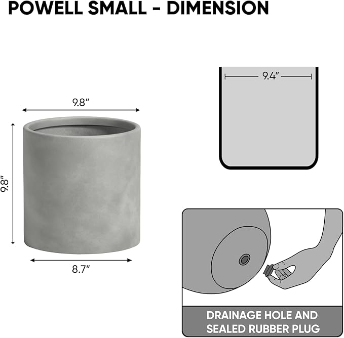 DTY Signature Mount Powell Fiberstone Planter - 10 Inch Small Gray Cylindrical Mid-Century Modern Home Decor Indoor & Outdoor Plant Pot - Durable Planters for Indoor Plants, Outdoor Spaces
