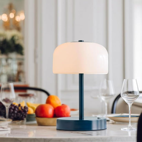 Oneach Portable Cordless Table Lamp, Rechargeable Battery Powered Lamp with Opal Glass Shade, 3-Way Dimmable LED Touch Mushroom Table Lamp for Bedroom, Bedside, Living Room, Dining Room, Patio, Blue