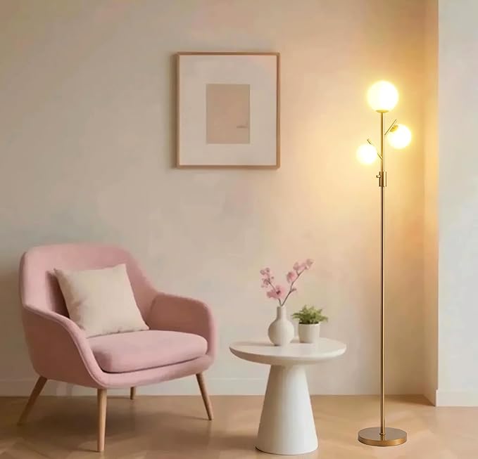 Fiqevs Upgraded Dimmable Globe Floor Lamp for Living Room, Mid Century Modern Gold Tree Floor Lamps with LED Bulbs, Elegant Standing Lamp for Bedroom Office Dining Room