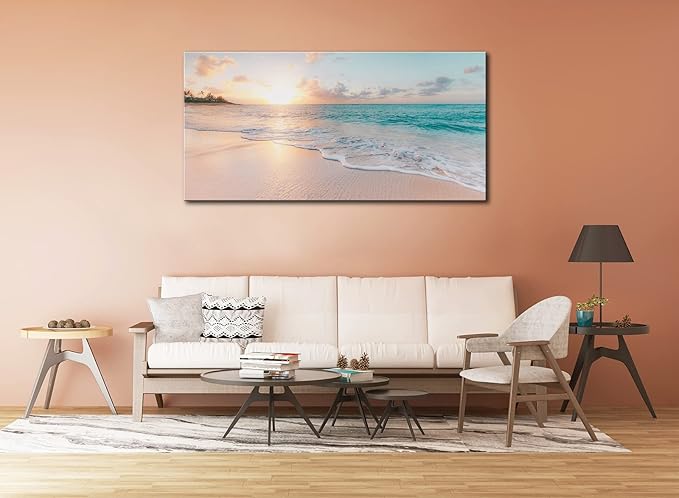 OKEXCKK Beach Canvas Wall Art - Sunset Ocean Picture Green Nature Seascape Painting Print for Kitchen, Bedroom, Living Room Decoration, Large Coastal Artwork Poster for Wall Decor 20"x40"