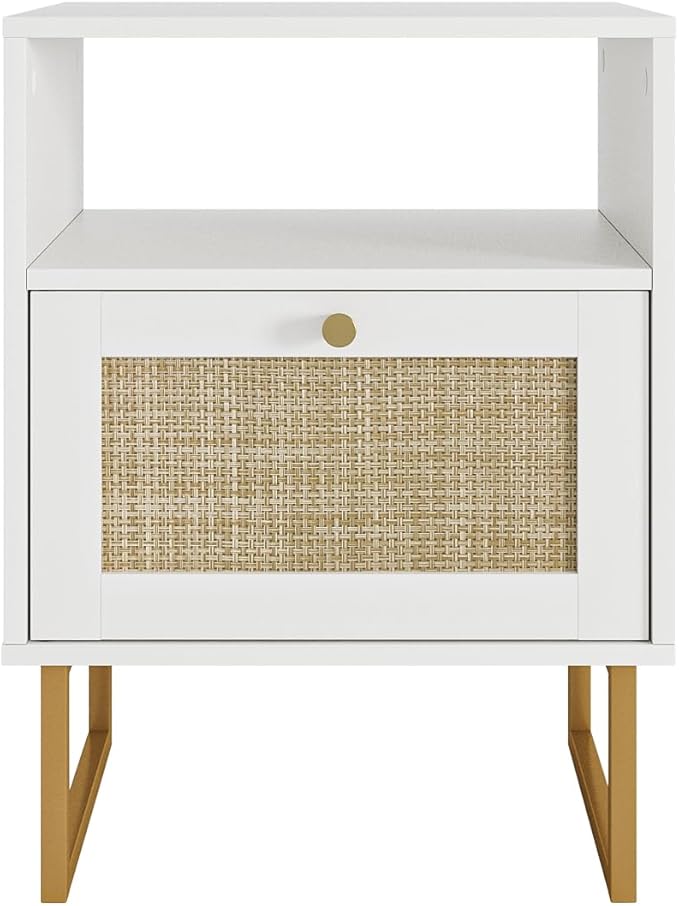 Rattan Nightstand, Boho Night Stand Farmhouse Wood Bedside Table with Storage and Open Shelf, End Side Accent Table for Bedroom,Living Room,White