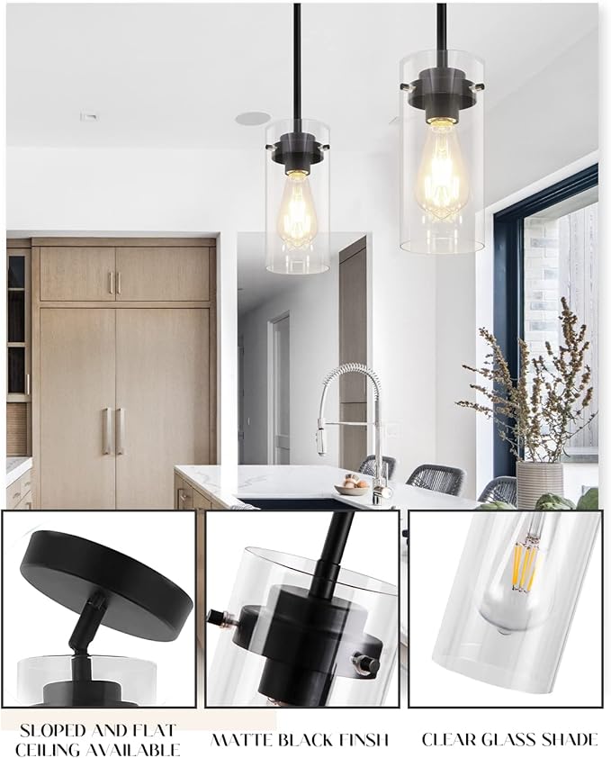EAPUDUN Pendant Lights (2 Packs), Hanging Lights Fixtures, Clear Glass Shade Kitchen Lighting, Matte Black Farmhouse Kitchen Dining Table Ceiling Lights -PDA1353-B-MBK