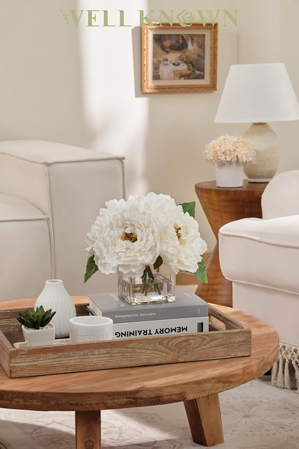 Artificial Peonies Flowers Arrangements in Cube Glass Vase, WELLKNOWN Ivory White Silk Flower Centerpieces for Dining Room Table, Coffee Table Decor, Faux Peony Flowers with Faux Water