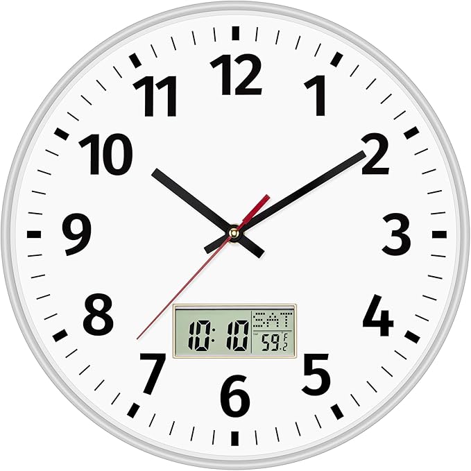 Foxtop Digital Wall Clock with Time, Day of Week and Temperature, Silent Non-Ticking Battery Operated Round Digital and Analog Wall Clock for Classroom Office Bedroom Home School (12 Inch, Silver)