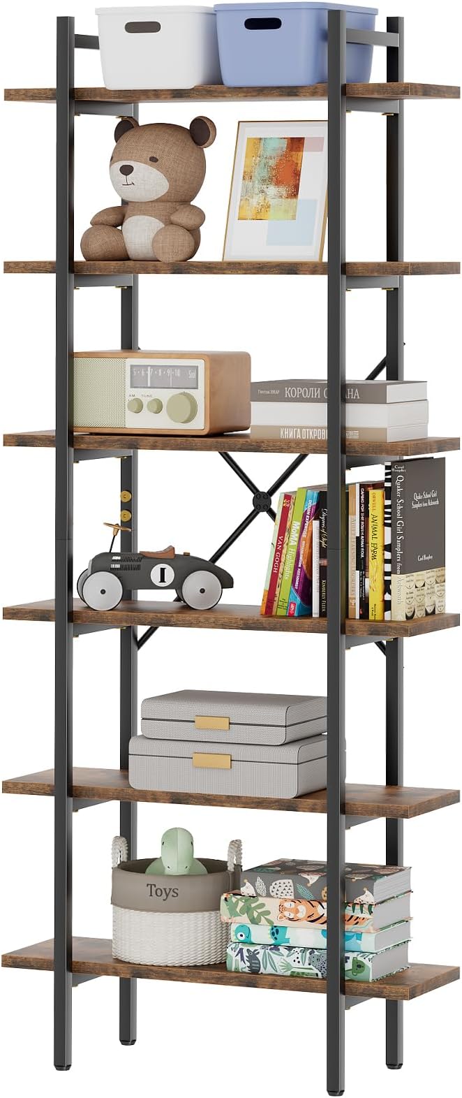 6 Tiers Bookshelf Organizer Industrial Shelf,Modern Open Display Storage Bookcase,Rustic Brown and Metal Bookshelf Standing Storage Shelf Tall Shelving Units for Home Office Study