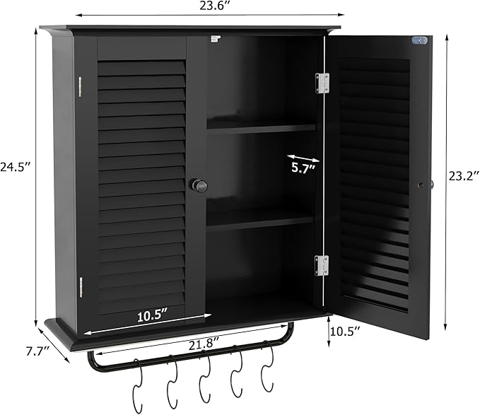 TaoHFE Bathroom Cabinet Wall Mounted Designer Bathroom Wall Cabinet Medicine Cabinet with Double Shutter Doors 3 Tier Adjustable Shelf with Towel Rack Over The Toilet Storage Cabinet Laundry (Black)