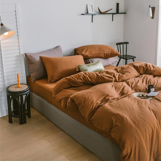 Wellboo Pumpkin Comforter Set King Size Solid Rust Bedding Comforters Plain Terracotta King Comforter Quilts Cotton Dusty Orange Bedding Women Girls Pure Burnt Orange Bed Dark Cinnamon Brown Soft Bed