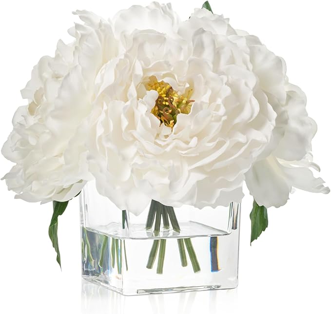 Artificial Peonies Flowers Arrangements in Cube Glass Vase, WELLKNOWN Ivory White Silk Flower Centerpieces for Dining Room Table, Coffee Table Decor, Faux Peony Flowers with Faux Water