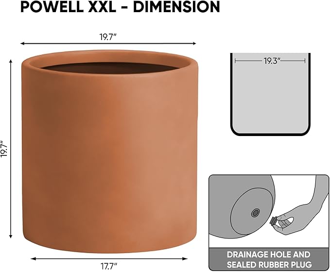 DTY Signature Mount Powell Fiberstone Planter - 20 Inch Jumbo Terracotta Cylindrical Mid-Century Modern Home Decor Indoor & Outdoor Plant Pot - Durable Planters for Indoor Plants, Outdoor Spaces