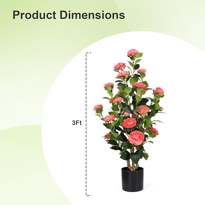 Romantic Season 2Pack Artificial Camellia Tree 3FT, Pink Faux Camellia Plant Fake Potted Camellia Flower Tree Plastic Camellia Tree for Modern Home Office Living Room Floor Décor Indoor