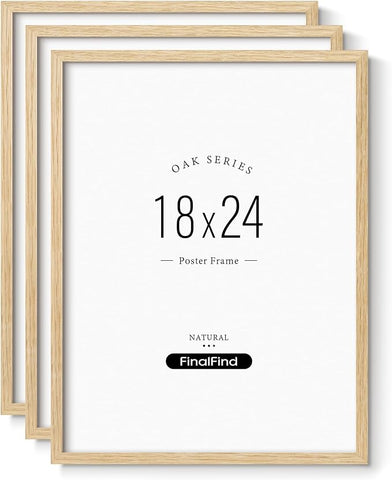 Minimalist 18x24 Frame Set of 3, Natural Solid Oak Wood 18x24 Poster Frame, Lightweight for Wall Mounting(3 Pack, Oak)